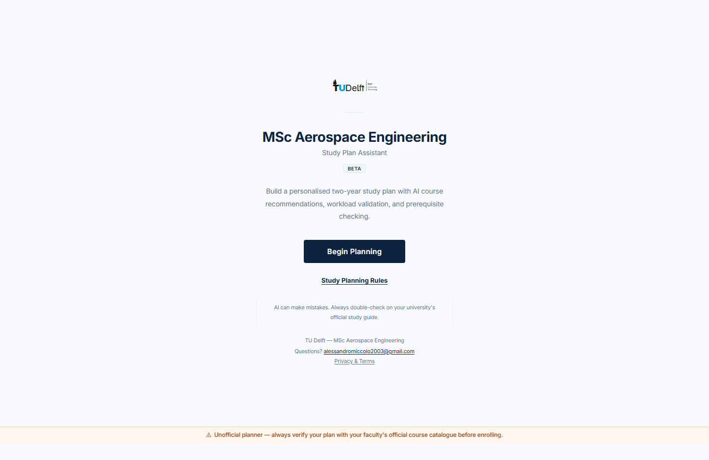 StudyPlanner onboarding — MSc Aerospace Engineering landing page